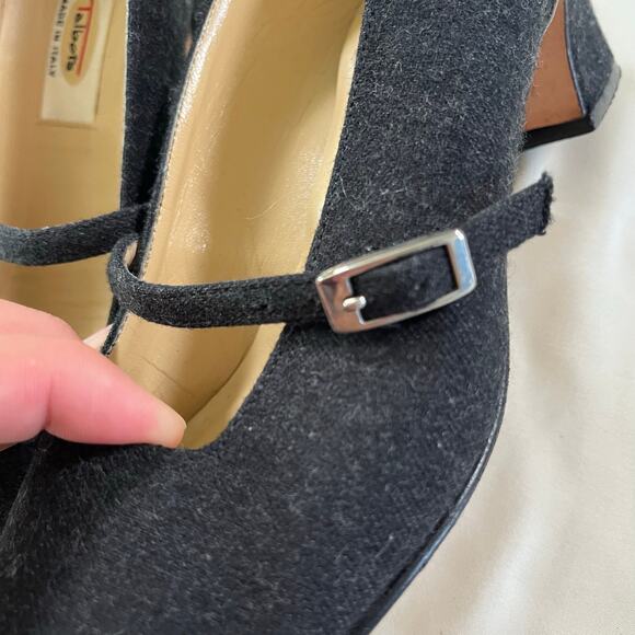 Vtg Gray Fabric Mary Jane Square Toe Block Heel Sz 7 Italian Leather Sole - Picture 4 of 7
